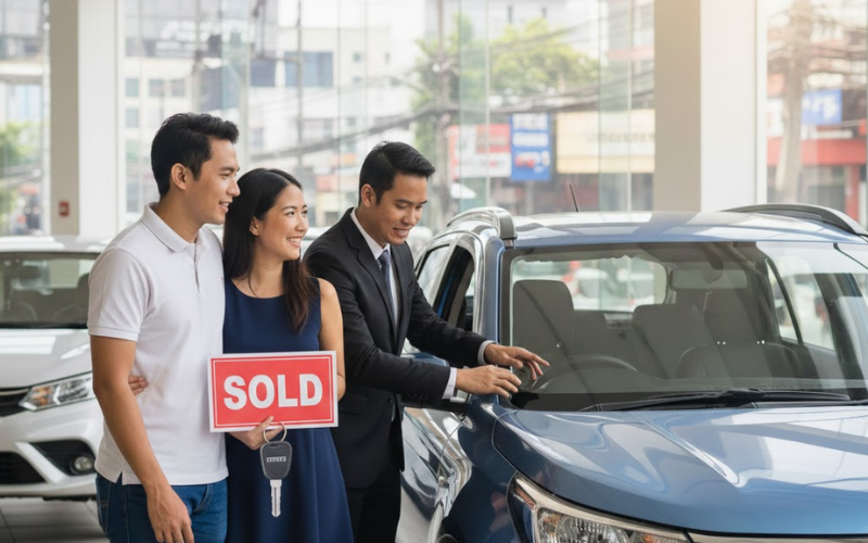 A happy young couple holding a "SOLD" sign and car keys while a professional salesperson in a suit gestures toward a blue vehicle in a bright car showroom.