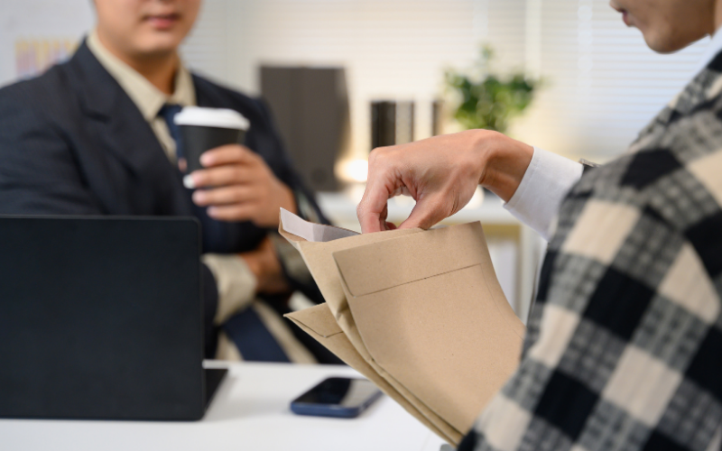 A person in a checkered shirt submitting an application envelope to a professional recruiter in a dark blazer at an office desk.