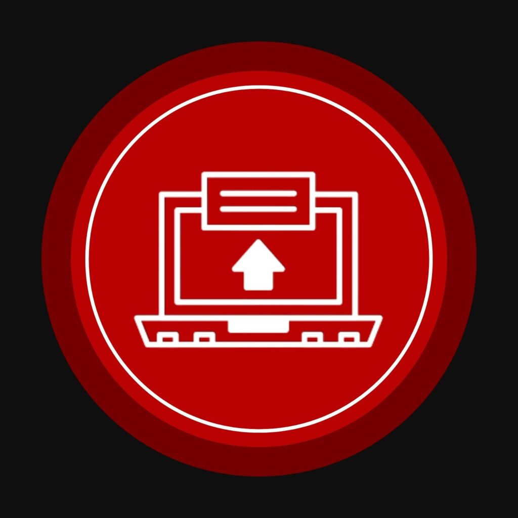 Red icon of a laptop with an upload arrow on the screen