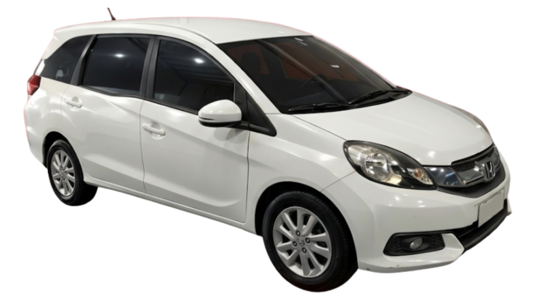 Three-quarter front view of a white Honda Mobilio MPV with multi-spoke alloy wheels, isolated on a dark grey background.